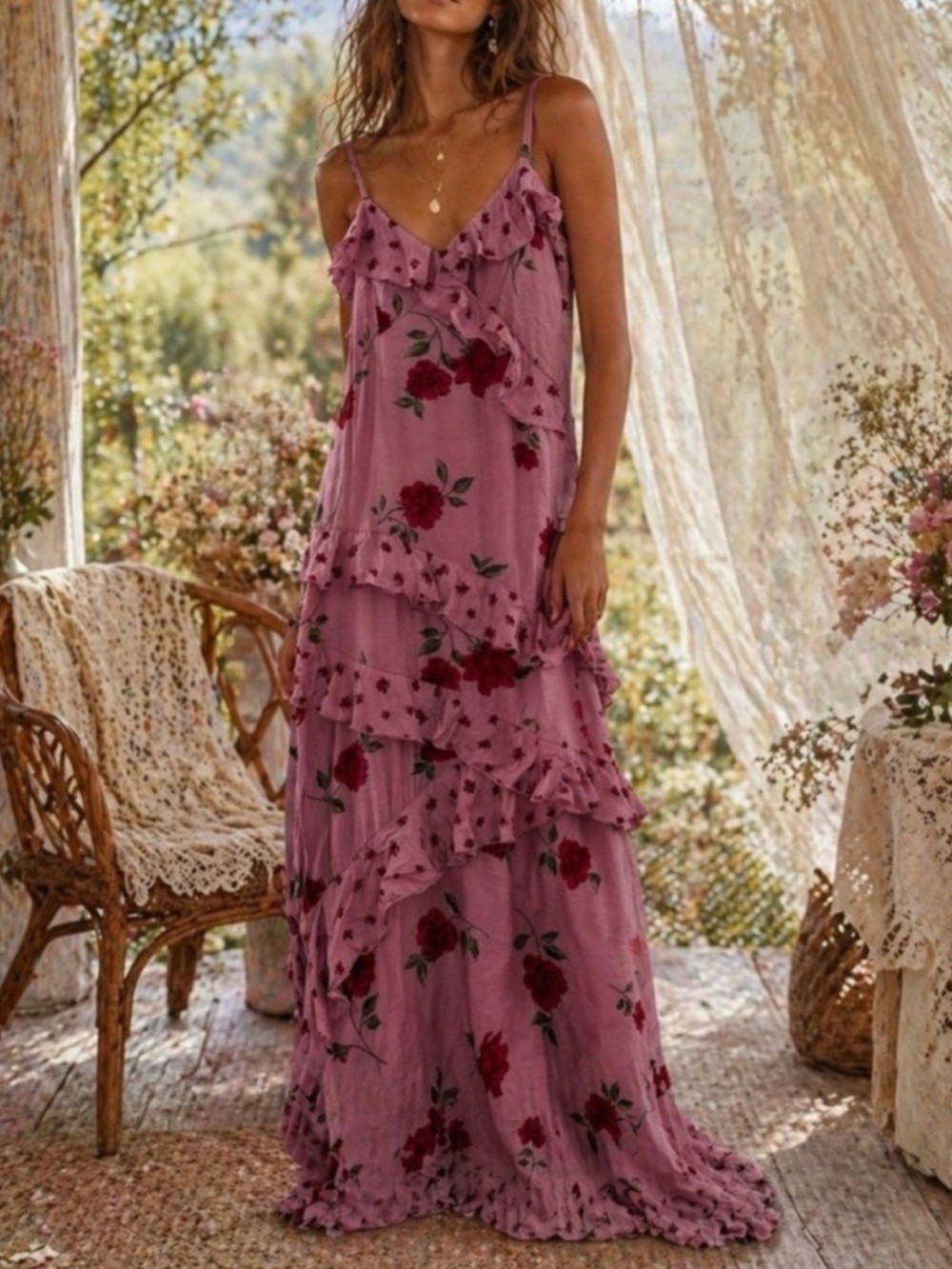 Jessica Simpson Pink Maxi Dress Red Floral Print Romantic Tiered Sz Med Coquette